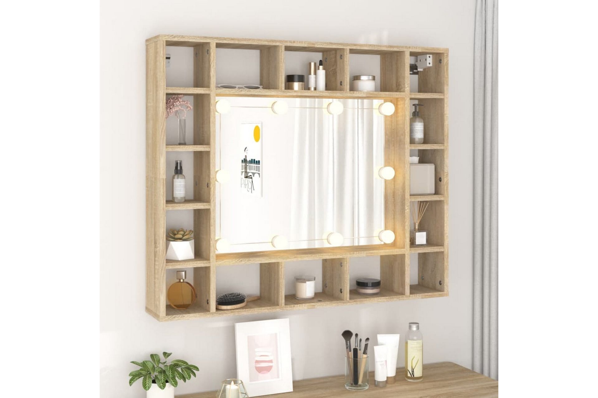 beBasic spejlskab med LED-lys 91x15x76,5 cm sonoma-eg - Brun - Møbler - Borde - Sminkebord & konsolbord