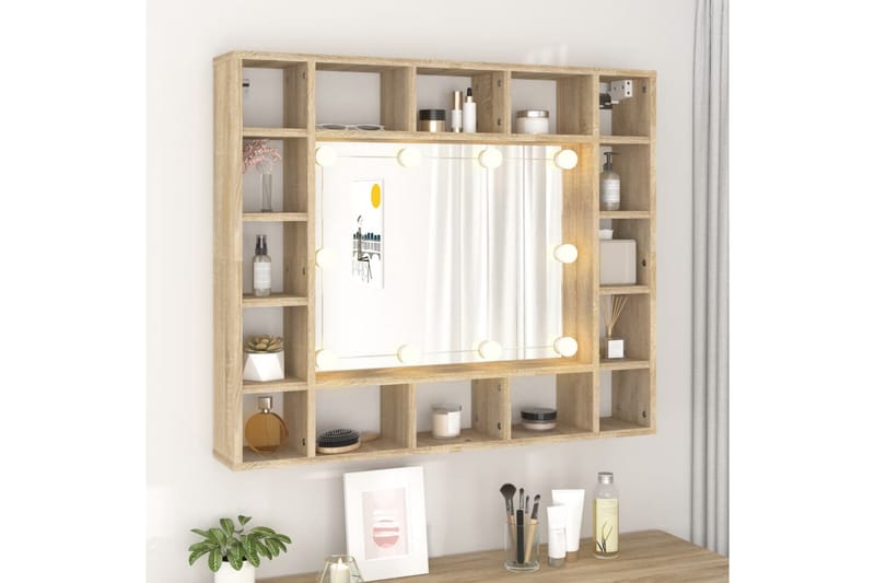 beBasic spejlskab med LED-lys 91x15x76,5 cm sonoma-eg - Brun - Møbler - Borde - Sminkebord & konsolbord