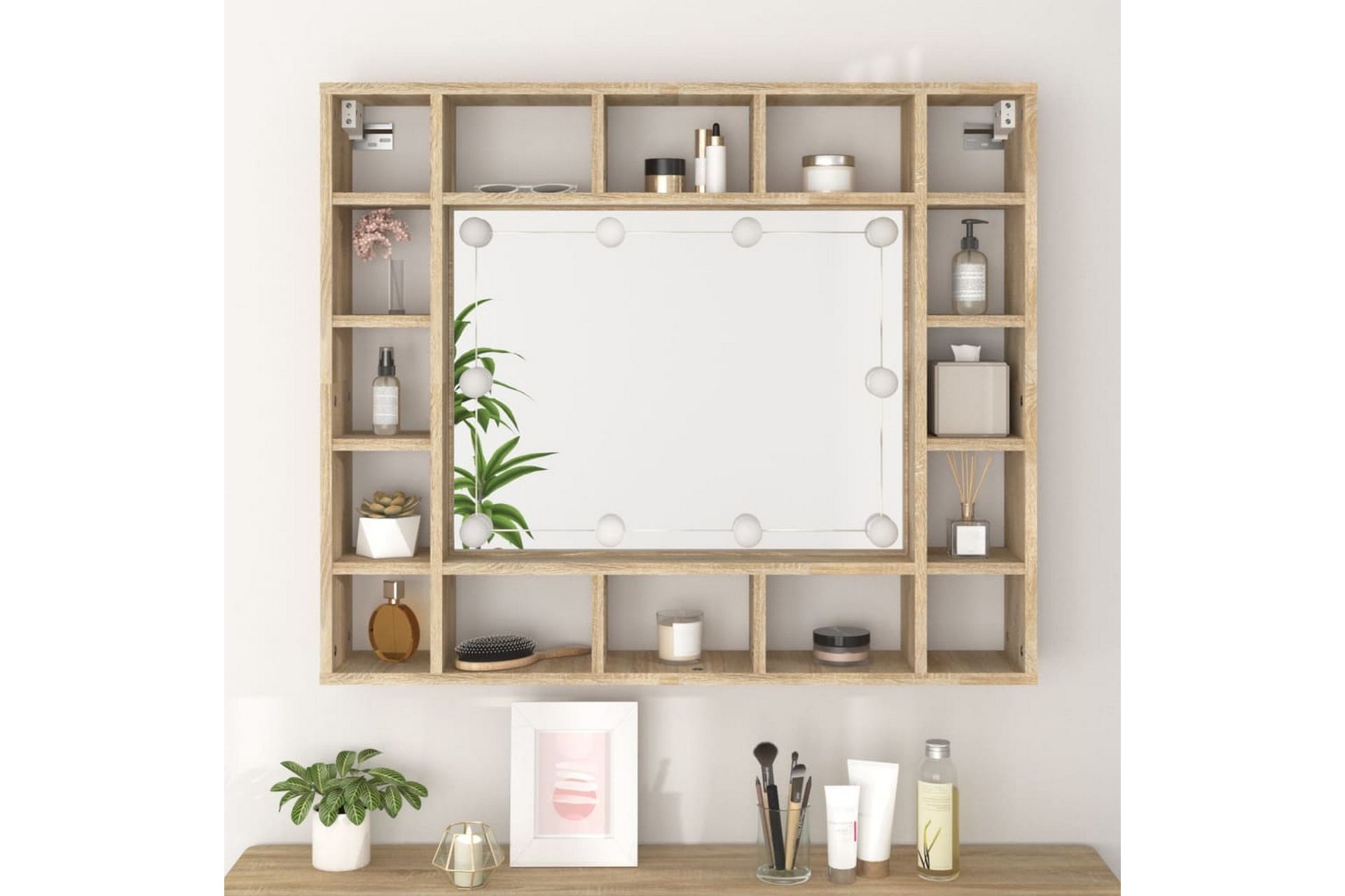 beBasic spejlskab med LED-lys 91x15x76,5 cm sonoma-eg - Brun - Møbler - Borde - Sminkebord & konsolbord