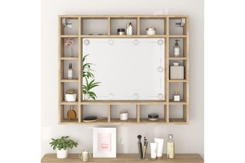 beBasic spejlskab med LED-lys 91x15x76,5 cm sonoma-eg - Brun - Møbler - Borde - Sminkebord & konsolbord
