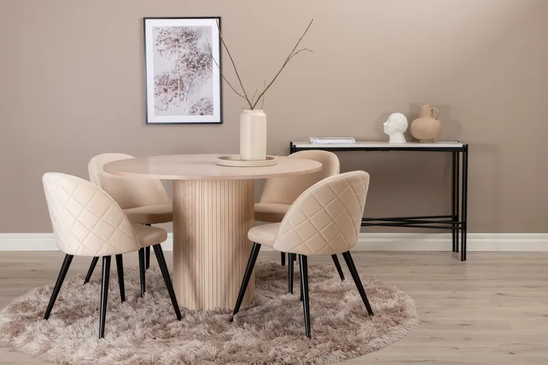 Biana Spisebordssæt 100 cm Rund inkl 4 Velvets Stole, Beige/Sort
