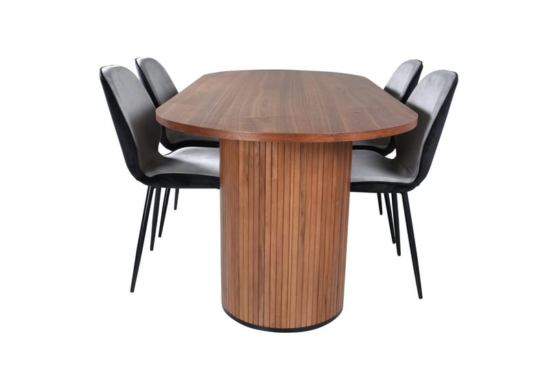Bianca Oval spisegruppe 200 cm med 4 Emma spisebordsstole - valnøddefarvet, lysegrå, sort - Møbler - Borde - Spisebordssæt