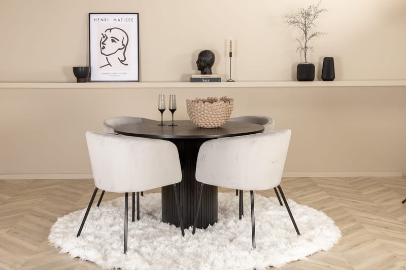 Bianca Spisegruppe 110 cm Rund med 4 Berit stole - Svart - Møbler - Borde - Spisebordssæt