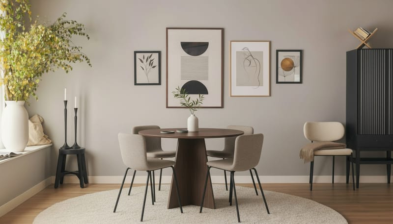 Bootcut Rundt Lille Spisebord i Valnød 110 cm med 4 Katy Spisestole - Møbler - Borde - Spisebordssæt