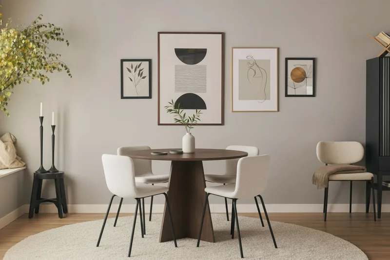 Bootcut Rundt Lille Spisebord i Valnød 110 cm med 4 Katy Spisestole - Møbler - Borde - Spisebordssæt