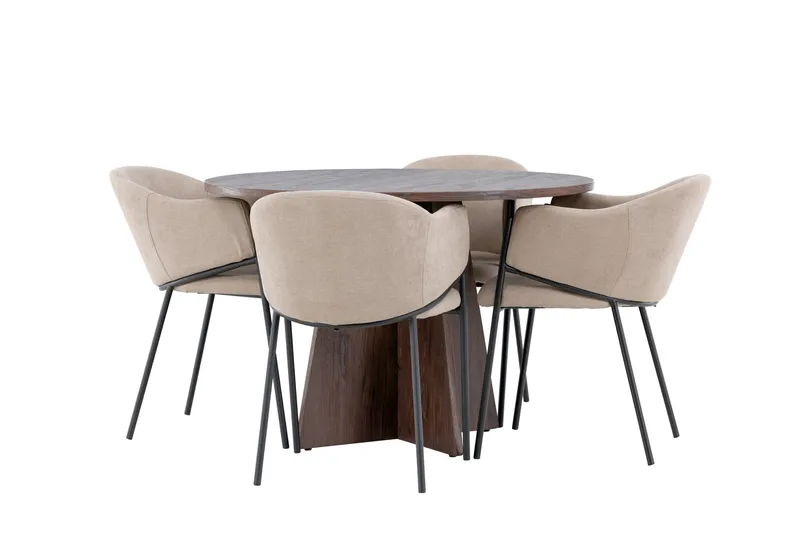 Bootcut Spisegruppe 110 cm Rundt med 4 Evelina stole, Mocca/Beige