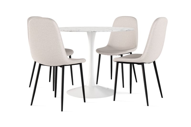Caitly Spisebord 100 cm Rundt hvid base + 4 stk Nibe stol beige med sorte ben, Hvid/Beige