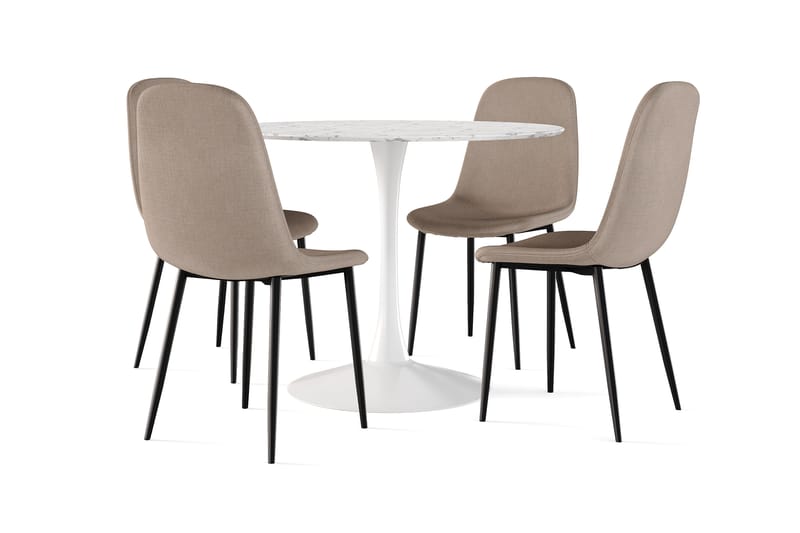Caitly Spisebord 100 cm Rundt hvid base + 4 stk Nibe stol brun med sorte ben, Hvid/Brun