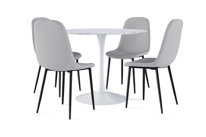 Caitly Spisebord 100 cm Rundt hvid base + 4 stk Nibe stol grå med sorte ben, Hvid/Grå