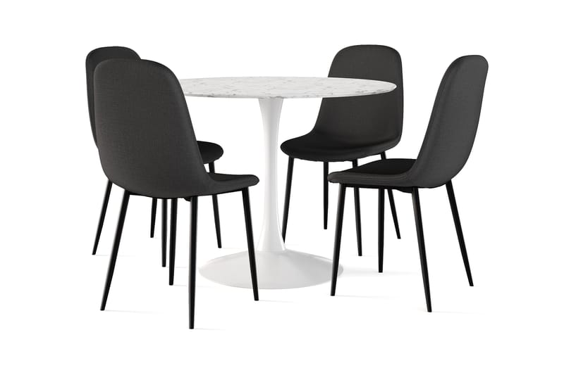 Caitly Spisebord 100 cm Rundt hvid base + 4 stk Nibe stol sort med sorte ben, Hvid/Sort