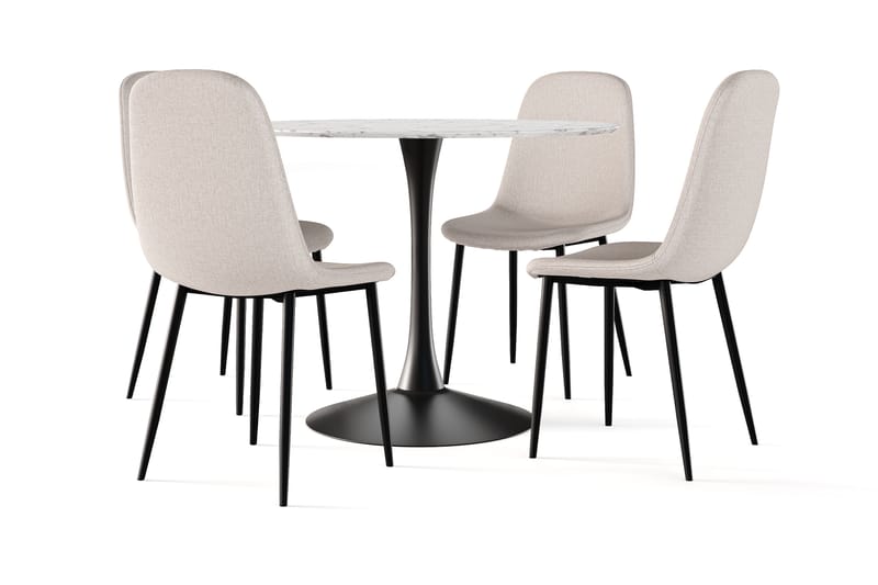 Caitly Spisebord 100 cm Rundt Sort base + 4 stk Nibe stol beige med sorte ben, Hvid/Sort/Beige