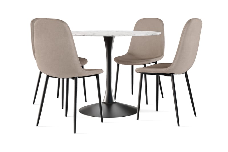 Caitly Spisebord 100 cm Rundt Sort base + 4 stk Nibe stol brun med sorte ben, Hvid/Sort/Brun