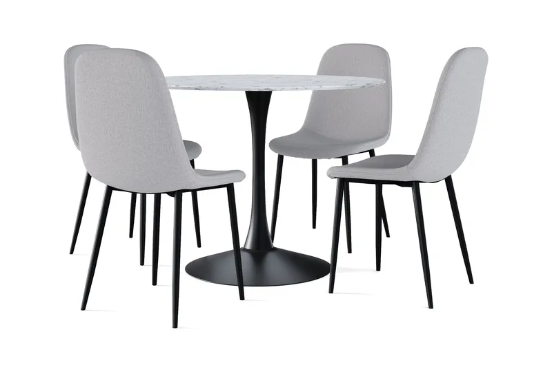Caitly Spisebord 100 cm Rundt Sort base + 4 stk Nibe stol grå med sorte ben, Hvid/Sort/Grå