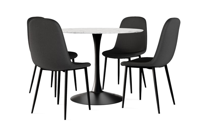 Caitly Spisebord 100 cm Rundt Sort base + 4 stk Nibe stol sort med sorte ben, Hvid/Sort