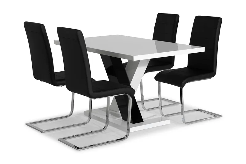 Cesi Spisebordssæt 140 cm med 4 Cibus Stole, Hvid/Sort/Sort PU/Krom