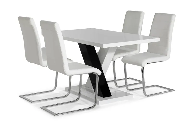 Cesi Spisebordssæt 140 cm med 4 Cibus Stole, Hvid/Sort/Sort PU/Krom