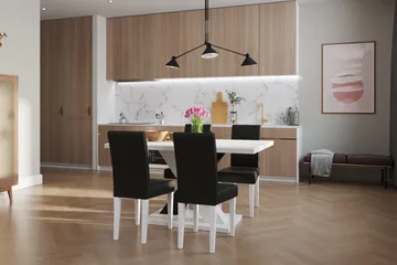 Cesi Spisebordssæt 140 cm med 4 Viktor Stole - Hvid/Sort/Sort PU - Møbler - Borde - Spisebordssæt