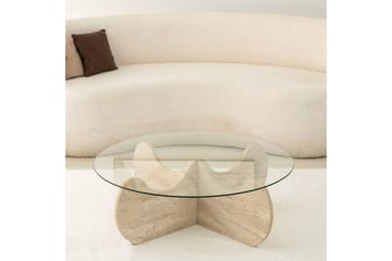 Chaino Rundt Sofabord 90 cm i Træ og Glas med Skulpturelt Stel - Klar - Møbler - Borde - Sofabord