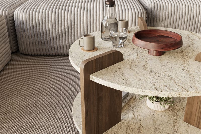 Cindral sofabord 70 cm rundt - Travertin og Valnød - Møbler - Borde - Sofabord
