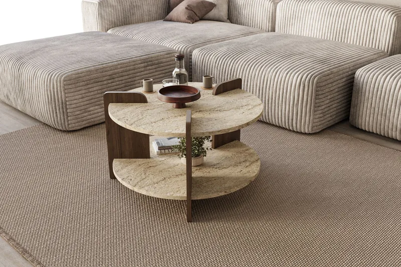 Cindral sofabord 70 cm rundt - Travertin og Valnød - Møbler - Borde - Sofabord