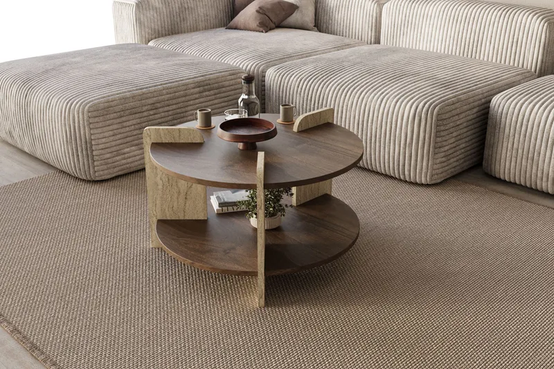 Cindral sofabord 70 cm rundt, Valnød og Travertin