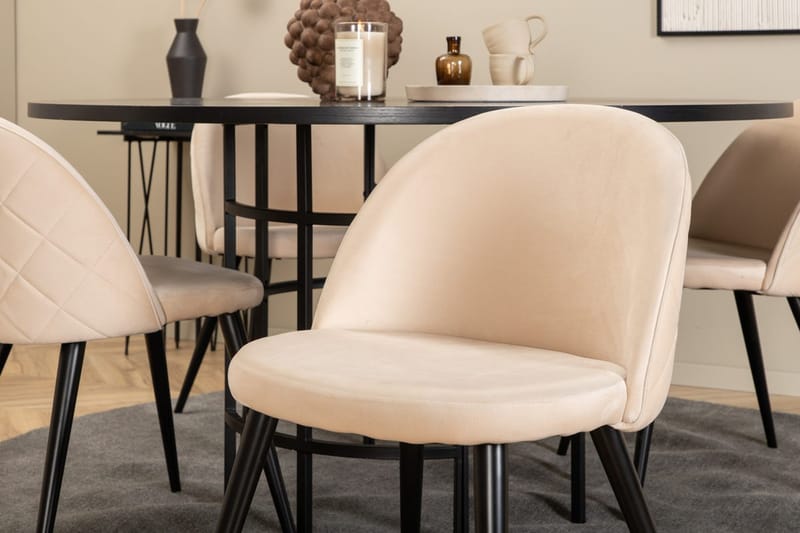 Copenhagen Rund Spisegruppe 140 cm med 4 Velvet Spisestole - sort og beige - Møbler - Borde - Spisebordssæt