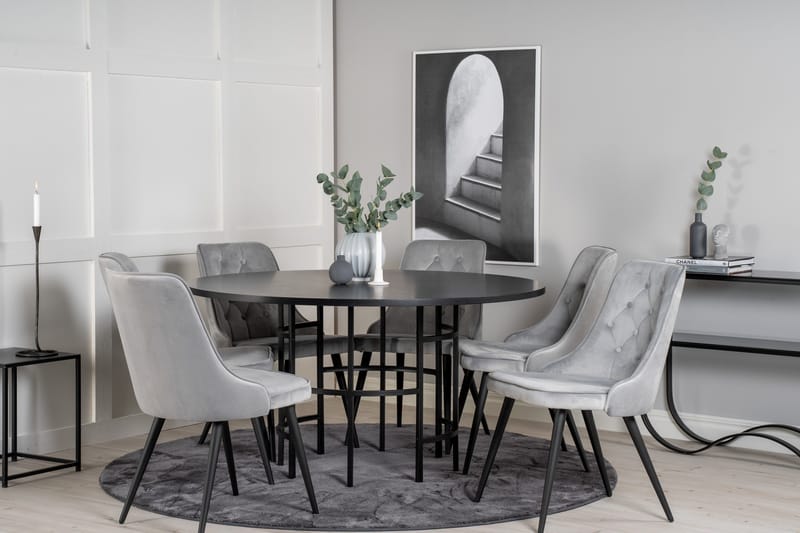 Copenhagen Spisebordssæt med 6 Valera Luksus Velourstole Sort/Grå - Furniture Fashion - Møbler - Borde - Spisebordssæt