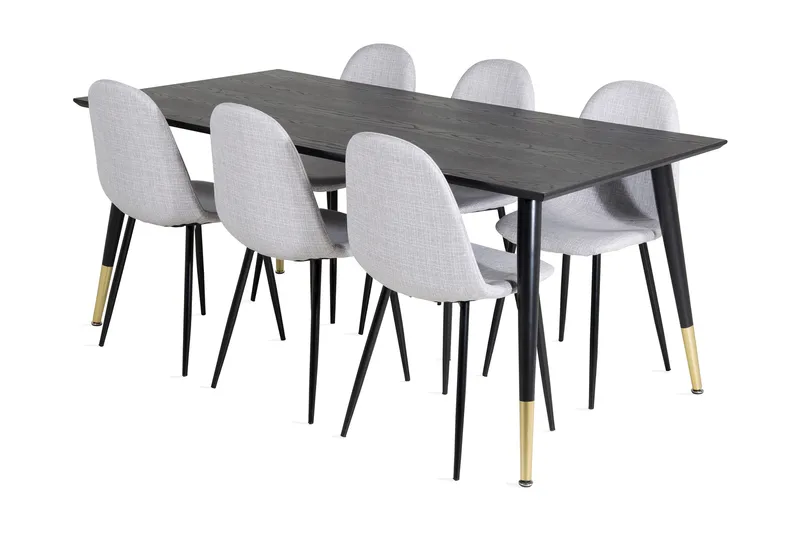Daicy spisebordssæt 180 cm inkl. 6 Ypas-stole, Sort/Messing/Grå