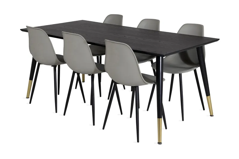 Daicy spisebordssæt 180 cm inkl. 6 Ypas-stole, Sort/Messing/Grå