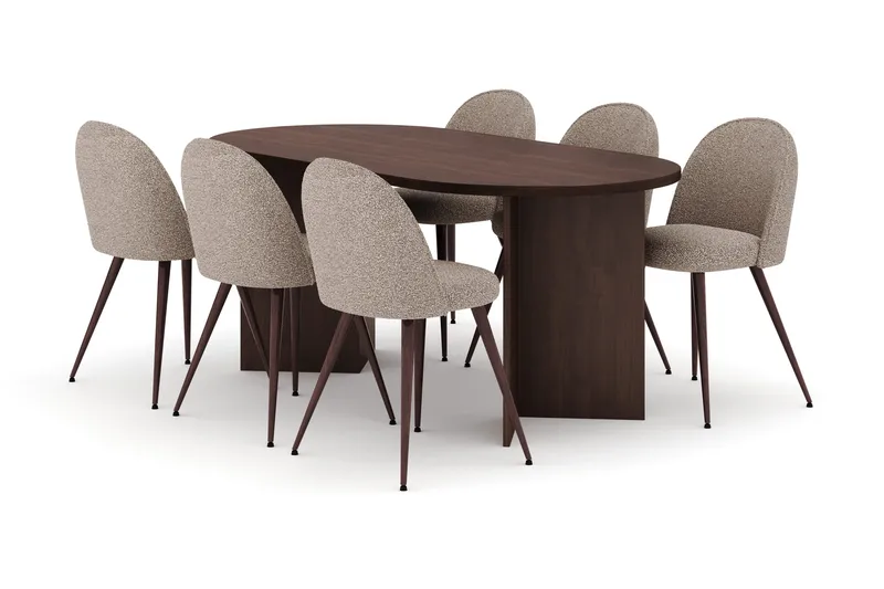 Dano Oval Spisebordsgruppe 180 cm – Spisebord med 6 Nibe Plus Spisestole med Træ- og Valnøddeudseende, Brun|Greige