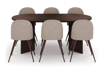 Dano Oval Spisebordsgruppe 180 cm – Spisebord med 6 Nibe Plus Spisestole med Træ- og Valnøddeudseende - Brun|Greige - Møbler - Borde - Spisebordssæt