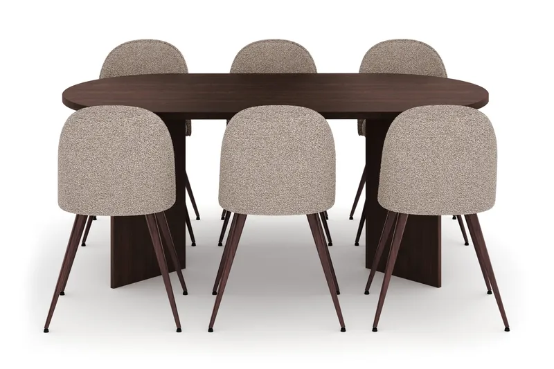 Dano Oval Spisebordsgruppe 180 cm – Spisebord med 6 Nibe Plus Spisestole med Træ- og Valnøddeudseende - Brun|Greige - Møbler - Borde - Spisebordssæt
