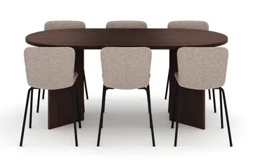 Dano Oval Spisebordssæt 180 cm – Spisebord med 6 Katy Spisebordsstole med Træ- og Valnøddeudseende - Brun|Greige - Møbler - Borde - Spisebordssæt