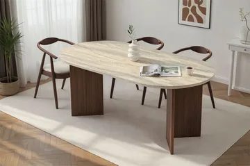 Dano Ovalt Spisebord 180x90 cm med Travertin- og Valnøddeudseende - Beige - Møbler - Borde - Spisebord og køkkenbord