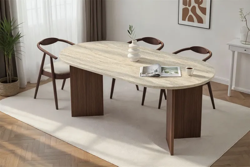 Dano Ovalt Spisebord 180x90 cm med Travertin- og Valnøddeudseende - Beige - Møbler - Borde - Spisebord og køkkenbord