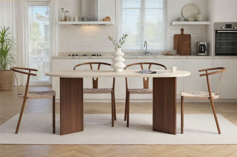 Dano Ovalt Spisebord 180x90 cm med Travertin- og Valnøddeudseende - Beige - Møbler - Borde - Spisebord og køkkenbord