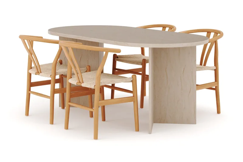 Dano Spisebord 180 cm med 4 Dastoori Spisestole, Travertin / Natur