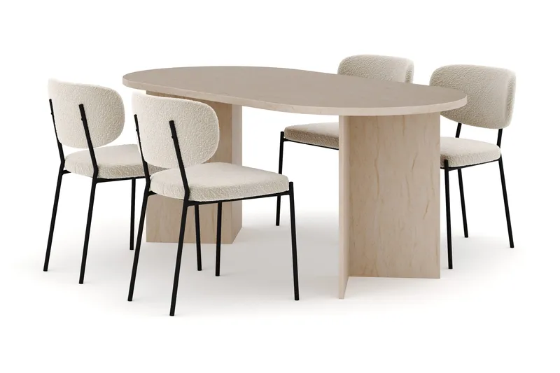 Dano Spisebord 180 cm med 4 Gemmiano Spisestole, Travertin / Hvid Bouclé