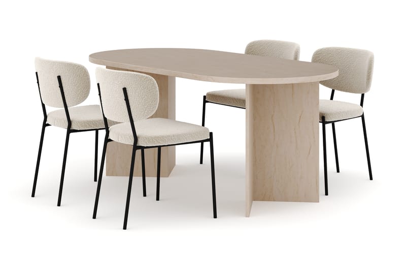 Dano Spisebord 180 cm med 4 Gemmiano Spisestole, Travertin / Hvid Bouclé