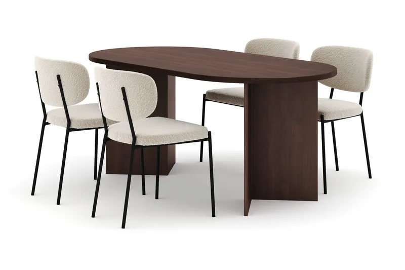 Dano Spisebord 180 cm med 4 Gemmiano Spisestole, Valnød / Hvid Bouclé