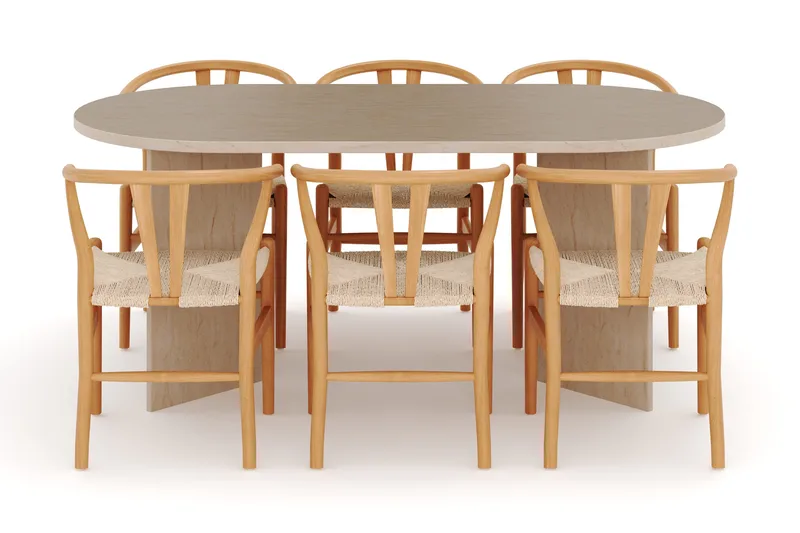 Dano Spisebord 180 cm med 6 Dastoori Spisestole - Travertin / Natur - Møbler - Borde - Spisebordssæt