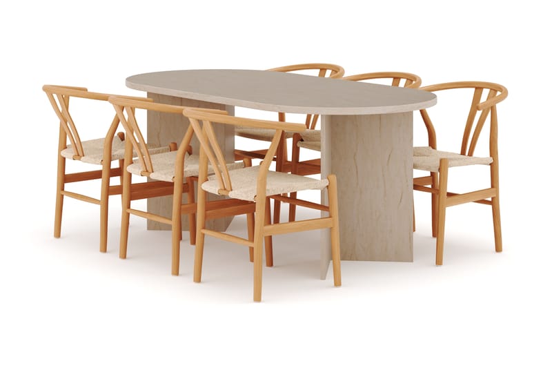 Dano Spisebord 180 cm med 6 Dastoori Spisestole, Travertin / Natur