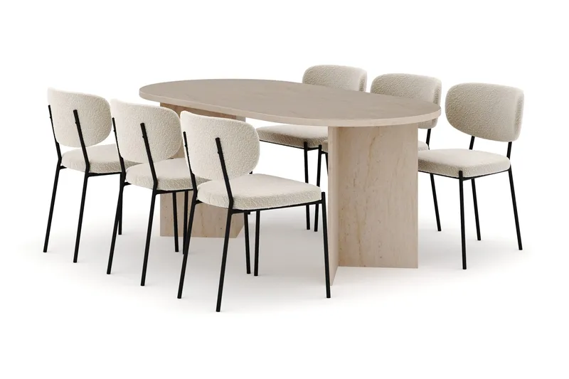 Dano Spisebord 180 cm med 6 Gemmiano Spisestole, Travertin / Hvid Bouclé