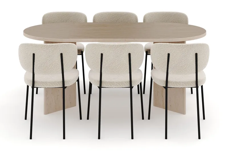 Dano Spisebord 180 cm med 6 Gemmiano Spisestole - Travertin / Hvid Bouclé - Møbler - Borde - Spisebordssæt