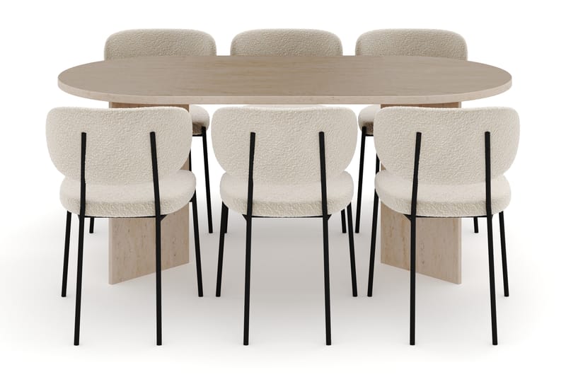 Dano Spisebord 180 cm med 6 Gemmiano Spisestole - Travertin / Hvid Bouclé - Møbler - Borde - Spisebordssæt