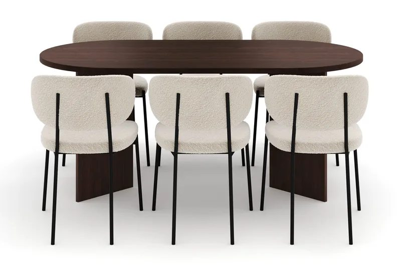 Dano Spisebord 180 cm med 6 Gemmiano Spisestole - Valnød / Hvid Bouclé - Møbler - Borde - Spisebordssæt