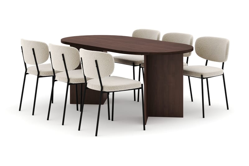 Dano Spisebord 180 cm med 6 Gemmiano Spisestole, Valnød / Hvid Bouclé