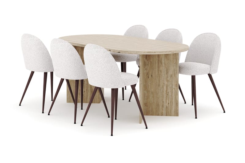 Dano Spisebord 180 cm med 6 Nibe Plus Spisestole, Travertin / Hvid