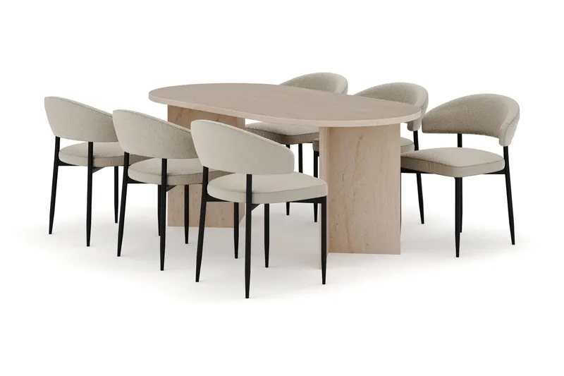 Dano Spisebord 180 cm med 6 Sawako Spisestole, Travertin / Beige