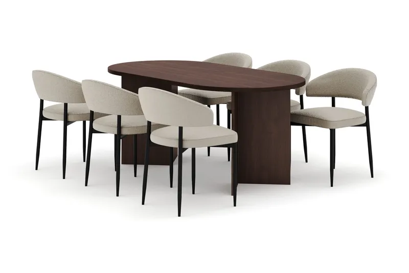 Dano Spisebord 180 cm med 6 Sawako Spisestole, Valnød / Beige